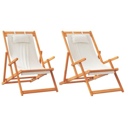 Set scaune de plaja pliante vidaXL, 2 buc., crem, material textil, 6 Kg