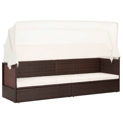 Sezlong gradina Zakito Europe, rattan PE, cu baldachin pliabil, maro, crem, 205x62x70cm