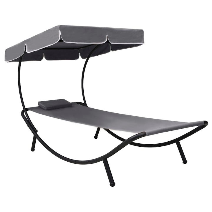 Sezlong de gradina, Zakito Europe cu perna si baldachin, rezistent la intemperii, gri, 200x90x112cm