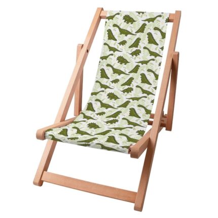 Scaun tip sezlong pentru copii, Model dinozauri, 95x46.5cm, Lemn de fag/Poliester, Verde
