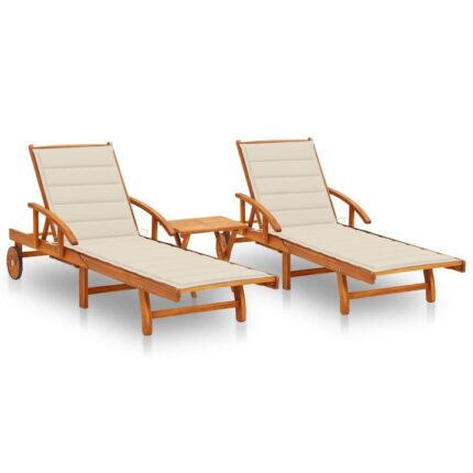Set 2 Sezlonguri cu Masuta Zakito Europe, Lemn de Acacia, Pliabile, Crem, 199x67x30/85cm, 40x40x40cm