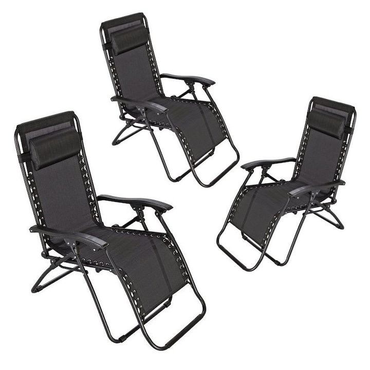 spatar reglabil Set 3 Scaune tip Sezlong, spatar reglabil, Capacitate 120kg, Culoare Negru