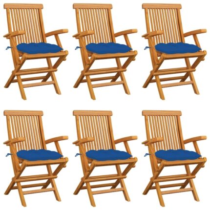Set de 6 scaune de exterior, cu brate si perne sezut, vidaXL, Lemn de tec/Poliester, 55 x 60 x 89 cm, Maro/Albastru regal