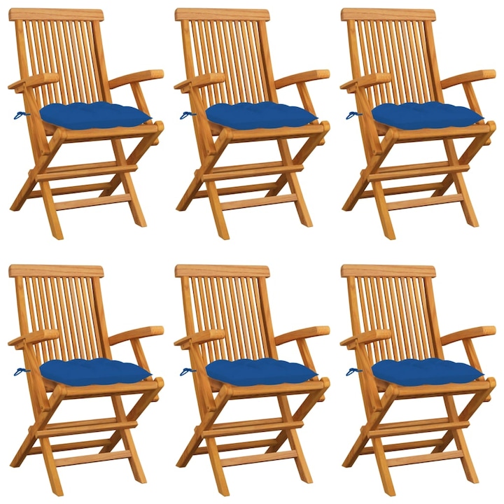 vidaXL Set de 6 scaune de exterior, cu brate si perne sezut, vidaXL, Lemn de tec/Poliester, 55 x 60 x 89 cm, Maro/Albastru regal