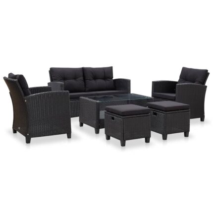 Set mobilier de gradina cu perne vidaXL, 6 piese, negru, poliratan, 124 x 68 x 77 cm, 51.4 kg