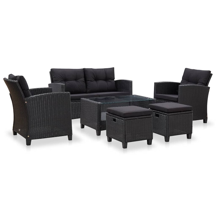 negru Set mobilier de gradina cu perne vidaXL, 6 piese, negru, poliratan, 124 x 68 x 77 cm, 51.4 kg