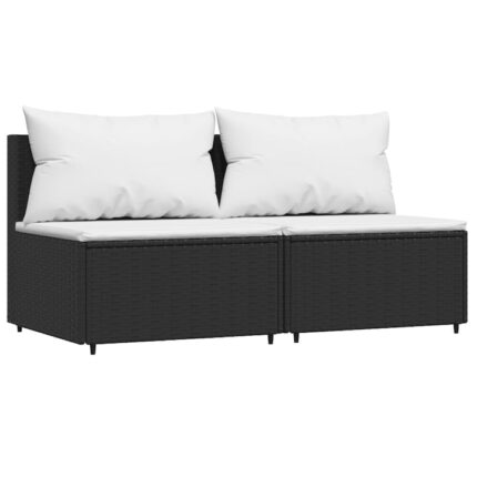Set canapele de mijloc de gradina cu perne vidaXL, 2 piese, negru, poliratan, 63 x 63 x 57.5 cm, 12.2 kg