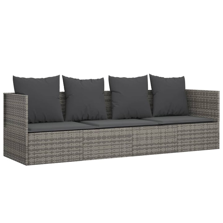 Canapea gradina, VidaXL, Perne incluse, Otel/Ratan/Poliester, 203x58x56 cm, Gri