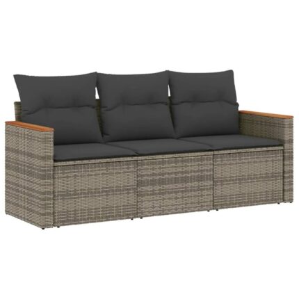 Set canapea de gradina cu perne vidaXL, 3 piese, gri, poliratan, 22.8 Kg, Rezistenta la raze UV