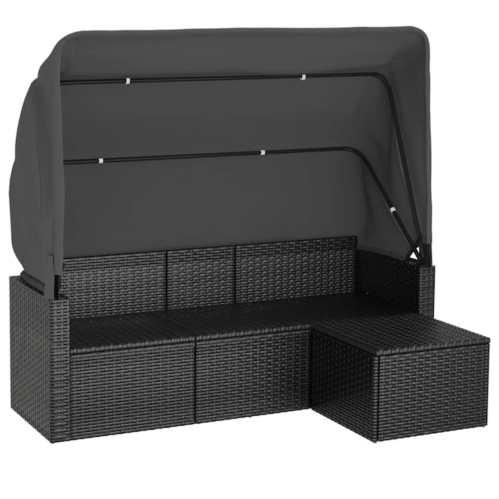 Canapea gradina 3 locuri cu acoperis si taburet vidaXL, Negru, poliratan, 27.33 kg