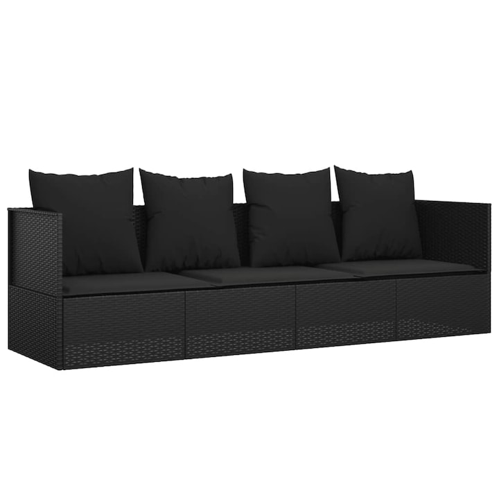 Canapea gradina, VidaXL, Perne incluse, Otel/Ratan/Poliester, 203x58x56 cm, Negru