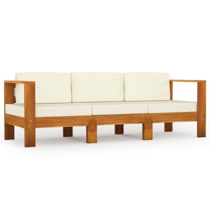 Canapea gradina cu 3 locuri vidaXL, perne alb/crem, lemn masiv acacia, 61 x 63 x 60 cm, 29 kg