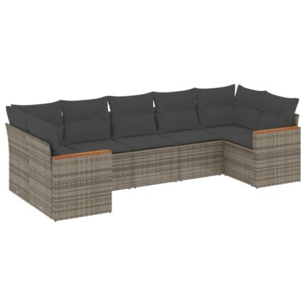 Set canapele de gradina vidaXL, 7 piese, cu perne, Rezistenta la raze UV, gri, poliratan, 53.3 Kg