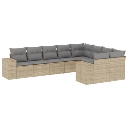 Set canapele de gradina vidaXL, 9 piese, cu perne, bej, poliratan, 51.6 Kg, Rezistenta la raze UV