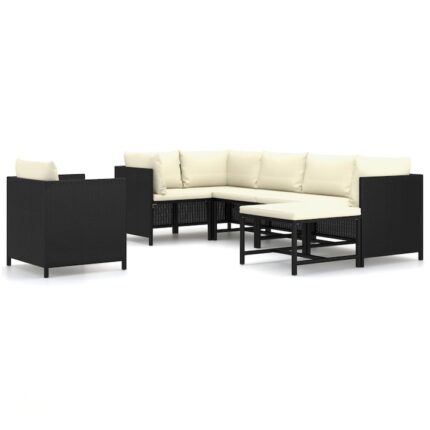Set mobilier de gradina cu perne vidaXL, 7 piese, negru, poliratan, 60 x 60 x 60 cm, 42.7 kg