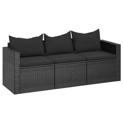Canapea de gradina cu 3 locuri vidaXL, cu perne, negru, poliratan, 176 x 64 x 60,5 cm, 17.03 kg