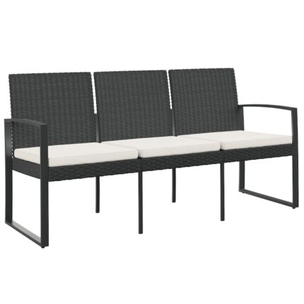 Banca de gradina cu 3 locuri vidaXL, cu perne, negru, PP ratan, 152,5 x 57 x 77,5 cm, 11.32 Kg