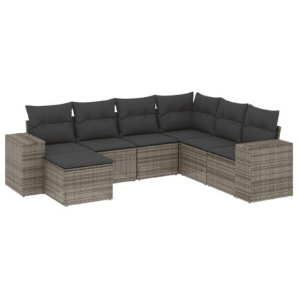 Set canapele de gradina vidaXL, 7 piese, cu perne, gri, poliratan, 57.38 Kg, Rezistenta la raze UV
