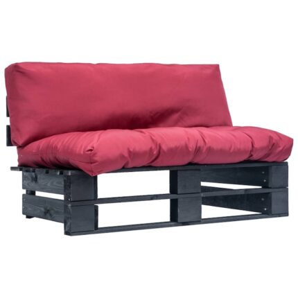 Canapea 2 locuri de exterior/gradina cu perne, vidaXL, Paleti, 110 x 66 x 65 cm, Negru/Rosu