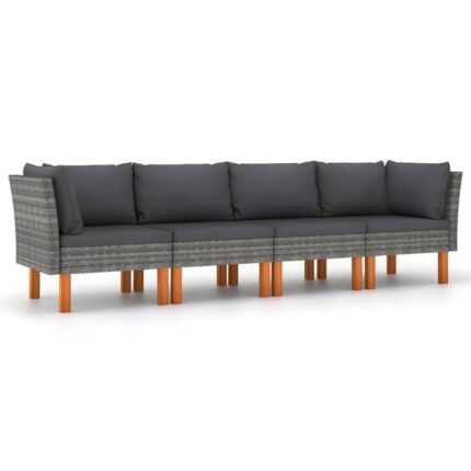 Canapea de gradina cu 4 locuri vidaXL, cu perne, gri, poliratan, 60.5 x 64.5 x 67 cm, 34.2 kg
