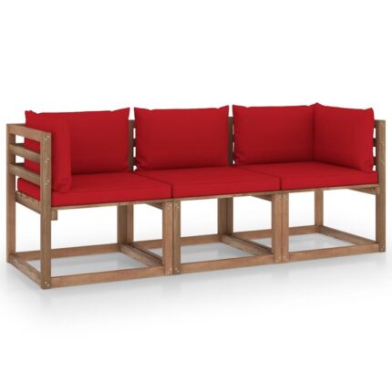 Canapea din paleti de gradina vidaXL, 3 locuri, perne rosii, lemn pin, 64 x 64 x 70 cm, 33.1 kg