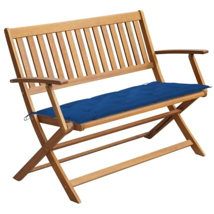 Banca de gradina pliabila cu perna vidaXL, Lemn de acacia, 120 x 60 x 89 cm, perna 7 cm, Maro/Albastru