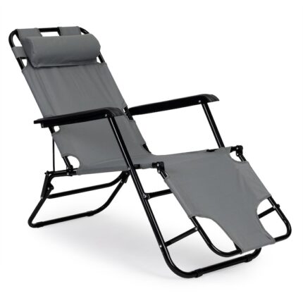 Scaun tip sezlong, pliabil, ajustabil, cu tetiera si cotiere, pentru gradina sau terasa, Modern Home, ZRL010, Culoare Gri