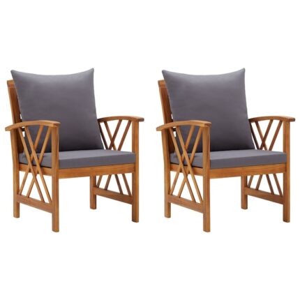 Set de 2 scaune de exterior cu perne gri, vidaXL, Lemn, 59 x 83 x 67 cm, Maro
