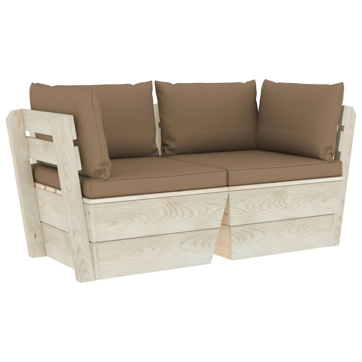 Canapea gradina 2 locuri din paleti vidaXL, cu perne, lemn molid, 60 x 60 x 65 cm, 21.9 kg