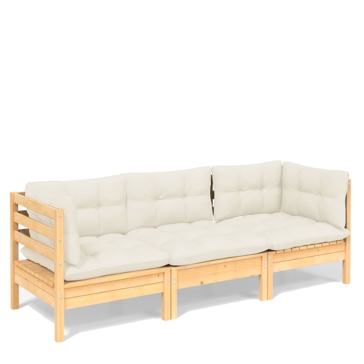 Crem Canapea de gradina 3 locuri vidaXL, Lemn, Crem, 63,5 x 63,5 x 62,5 cm