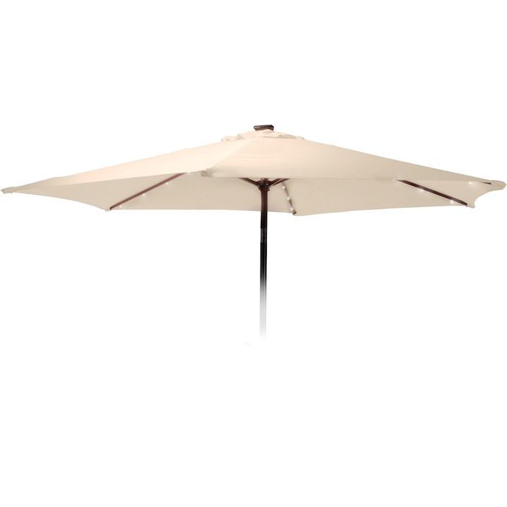 Umbrela gradina/terasa cu 24 leduri Ambiance, diametru 270 cm, poliester, panou solar alimentare leduri, actionare manuala, mecanism cu inclinare, protectie UV 30+, crem