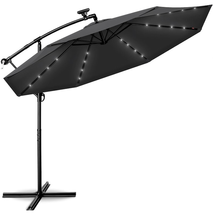 Umbrela terasa/gradina cu lumina LED, panou incarcare solara, protectie UV 50+, rezistent la intemperii/vant, acoperire hidrofuga, rotire la 360°, inclinatie reglabila, manivela practica, inaltime 240 cm x Ø 300 cm, antracit