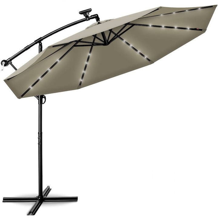 Umbrela terasa/gradina cu lumina LED, panou incarcare solara, protectie UV 50+, rezistent la intemperii/vant, acoperire hidrofuga, rotire la 360°, inclinatie reglabila, manivela practica, inaltime 240 cm x Ø 300 cm, crem inchis
