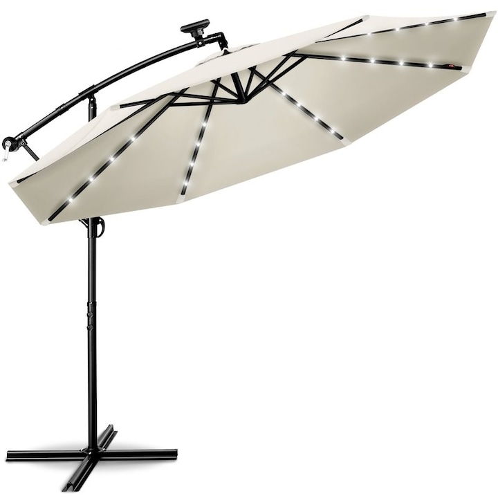 Umbrela terasa/gradina cu lumina LED, panou incarcare solara, protectie UV 50+, rezistent la intemperii/vant, acoperire hidrofuga, rotire la 360°, inclinatie reglabila, manivela practica, inaltime 240 cm x Ø 300 cm, crem