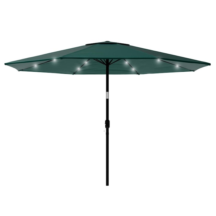 Umbrela terasa gradina, cu inclinare si husa, iluminare LED solara, 300cm, Verde