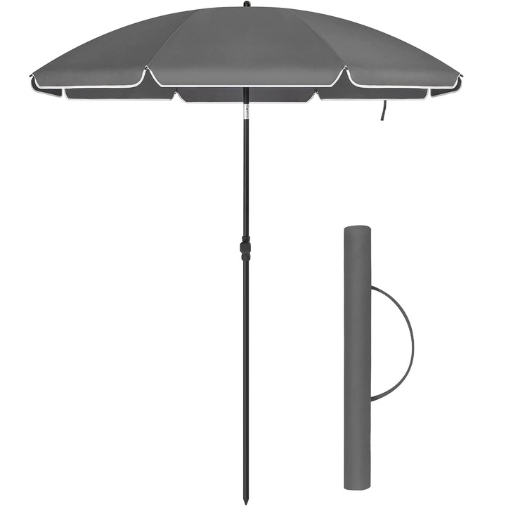 Umbrela terasa gradina sau plaja SONGMICS, cu inclinare, husa, diametru 200cm, gri