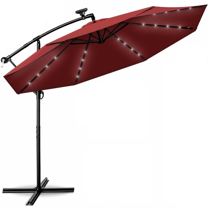 Umbrela terasa/gradina cu lumina LED, panou incarcare solara, protectie UV 50+, acoperire hidrofuga, rotire la 360°, inclinatie reglabila, manivela practica, inaltime 240 cm x Ø 300 cm, rosu