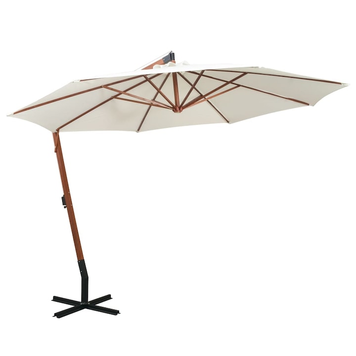 Umbrela de soare suspendata cu stalp de lemn vidaXL, 350 cm, alb, 21.15 kg