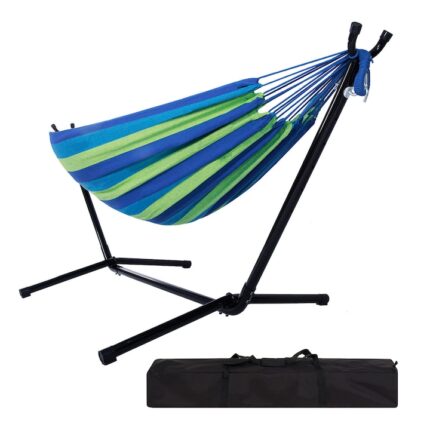 Hamac Timeless Tools pentru doua persoane cu suport metalic si geanta de transport, Verde-Albastru