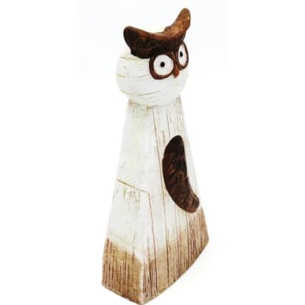 Decoratiune gradina, bufnita simpatica, teracota-ceramica, nuante de maro, negru si alb murdar,12x27cm