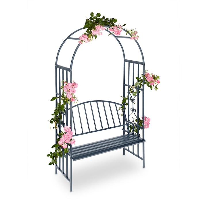 Arcada metalica de gradina pentru flori cataratoare cu banca pentru 2 persoane, antracit, dimensiuni 205 x 115 x 50 cm, Relaxdays