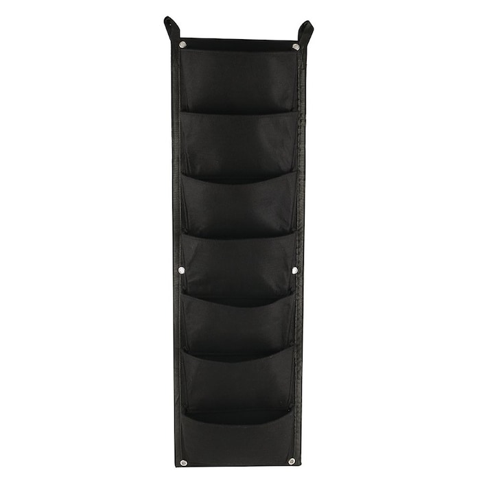 Suport textil vertical pentru flori, Zola, cu 7 buzunare, perfect pentru ierburi, plante suculente, lungime totala 100 cm, dimensiuni buzunar 12 x 30 cm, negru