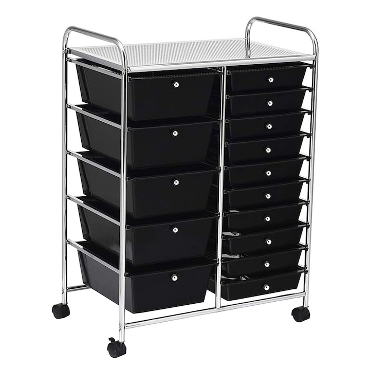 Carucior de depozitare cu roti cu 15 sertare, Timeless Tools, usor de mutat, Negru