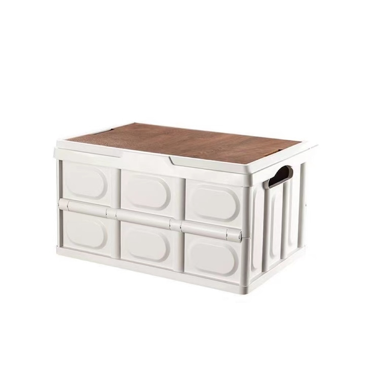 Cos de depozitare pliabil, Plastic/Lemn, 58 l, Bej