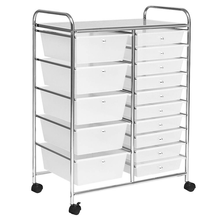 Carucior de depozitare cu roti cu 15 sertare, Timeless Tools, usor de mutat, Alb