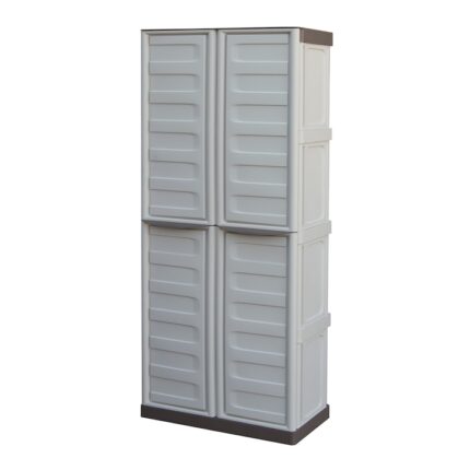 Dulap pentru gradina DacEnergy© PVC, compact, cu balamale de otel ,2 usi, 70 x 39 x 165 cm, 3 rafturi, gri