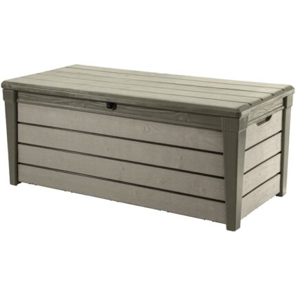 Lada multifunctionala depozitare pentru gradina Keter Brushwood 454 L, plastic, aspect lemn, culoare maro, dimensiuni 145 x 69.7 x 60.3cm, exterior