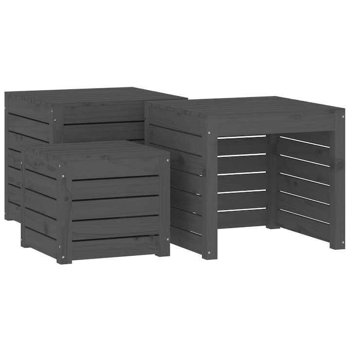 Set de 3 lazi pentru gradina Zakito Europe, lemn de pin, cu capac, gri, 38x38x34cm, 50.5x50.5x46.5cm