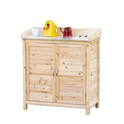 Dulap de gradina, 2 compartimente, banc de lucru metalic, lemn de molid, natural, 83x40x92cm
