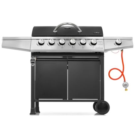 Gratar pe gaz cu 6+1 arzatoare, Lehmann Vegas, termometru incorporat, suprafata de gratar 33x72cm, furtun si regulator incluse, 141x50x102cm, fonta, negru